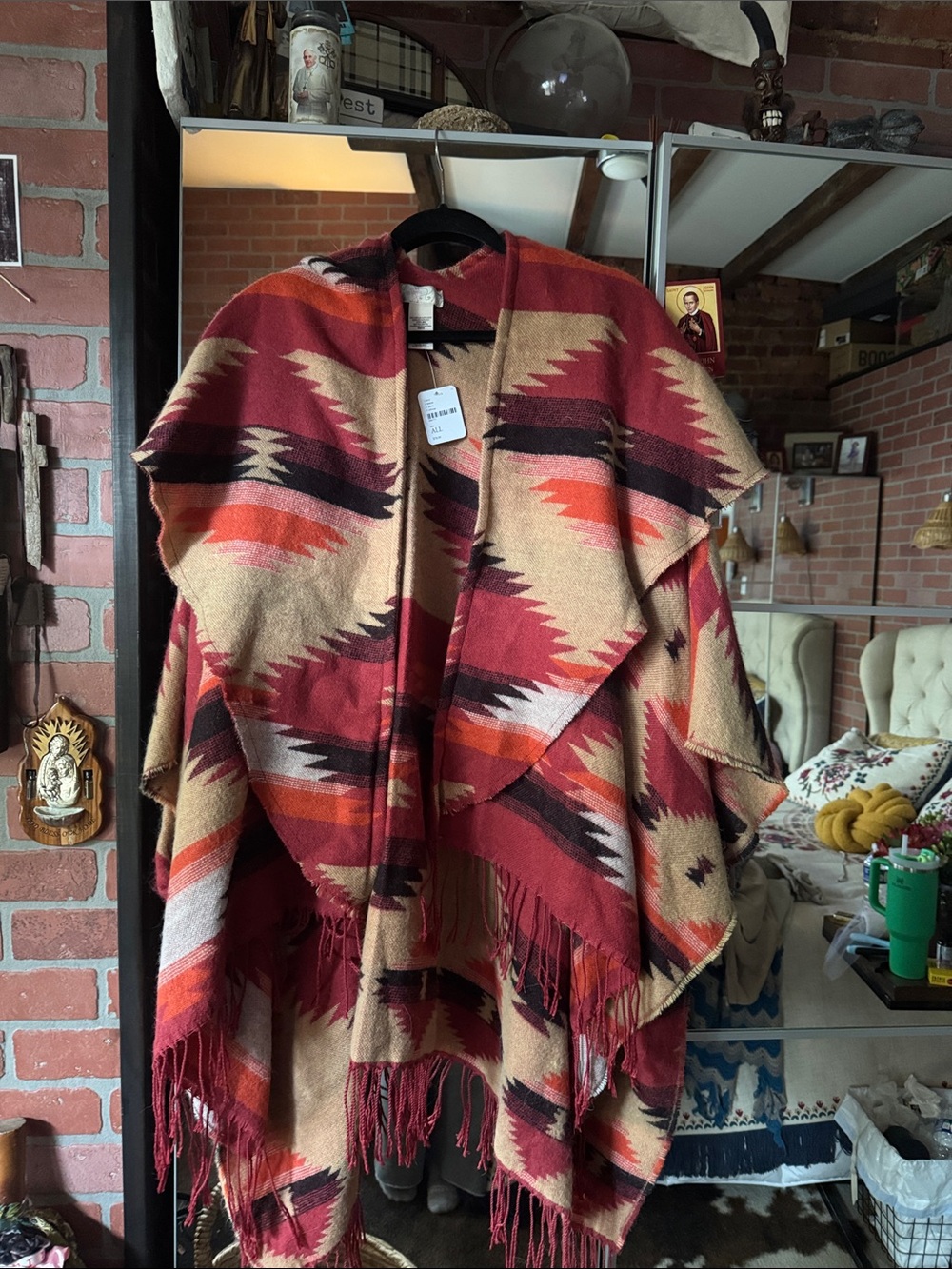 Free People Southwestern Pattern Fringe Poncho - Red, Tan, Black